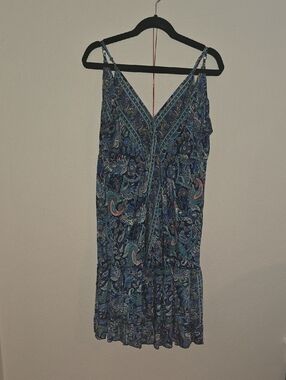 Paisley V-Neck Blue Mini Dress with Spaghetti Straps